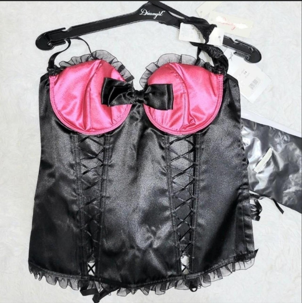 Dreamgirl Black & Pink Corset Style Top With Bow Women's US Size 34! ✨️ NWT